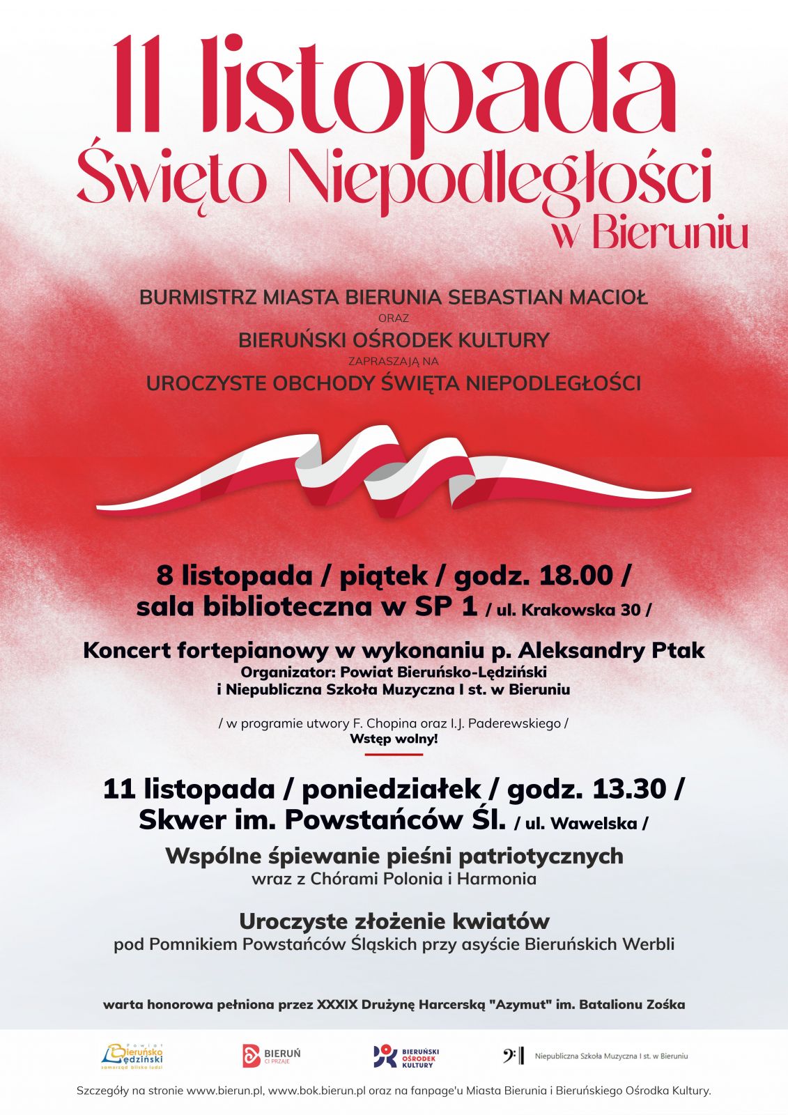 Plakat informacyjny o obchodach Narodowego Święta Niepodległości w Bieruniu